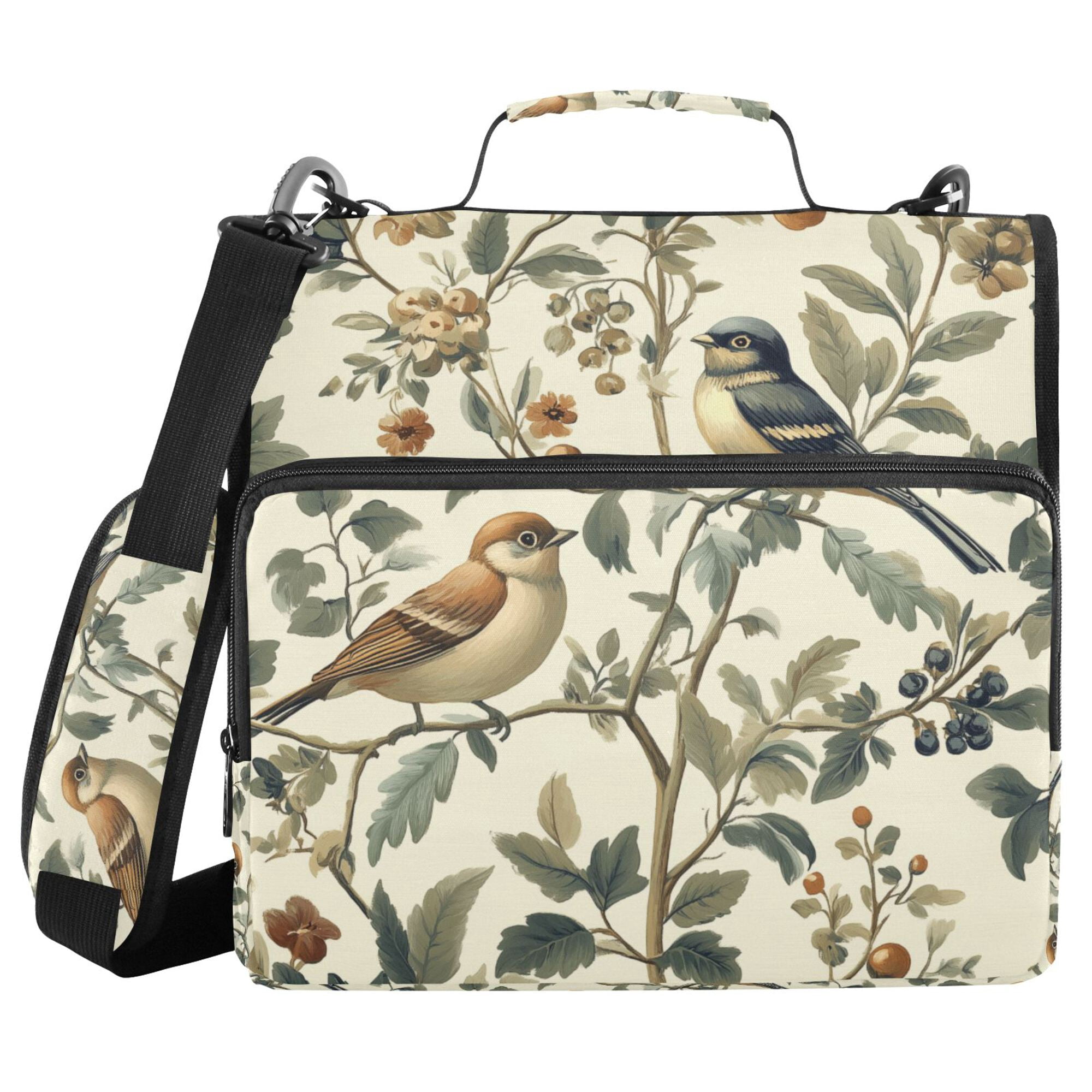 FORMRS Zipper Binder with Shoulder Strap 2-inch Ring 500 Sheet Capacity File Bag, Green Birds