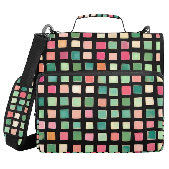 FORMRS Zipper Binder with Shoulder Strap 2-inch Ring 500 Sheet Capacity File Bag, Green Block Pattern