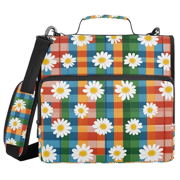 FORMRS Zipper Binder with Shoulder Strap 1.5-inch Ring 500 Sheet Capacity File Bag, Green Checkered Daisy