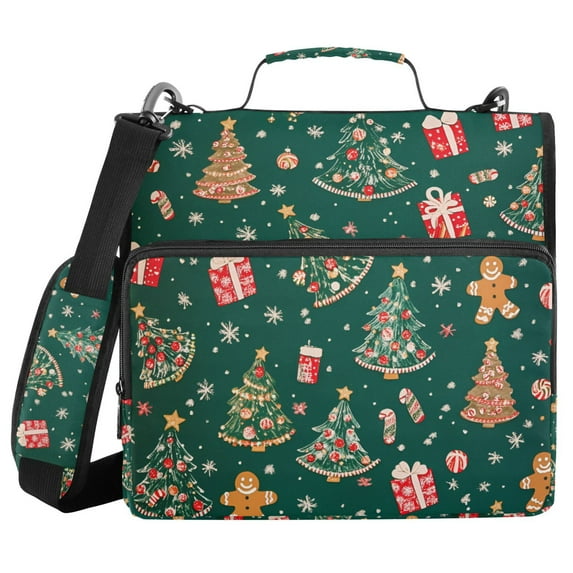 FORMRS Zipper Binder with Shoulder Strap 1.5-inch Ring 500 Sheet Capacity File Bag, Green Christmas Gingerbread
