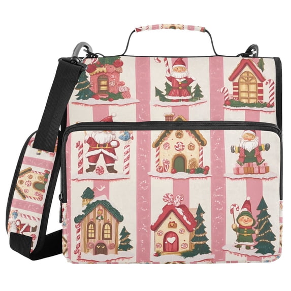 FORMRS Zipper Binder with Shoulder Strap 2-inch Ring 500 Sheet Capacity File Bag, Green Christmas Houses