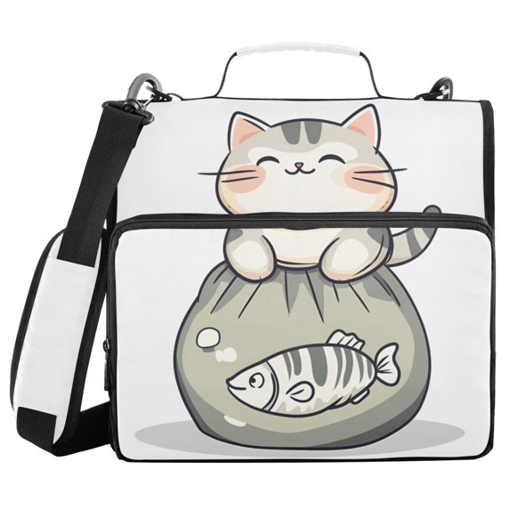 FORMRS Zipper Binder with Shoulder Strap 2-inch Ring 500 Sheet Capacity File Bag, Green Cute Cat