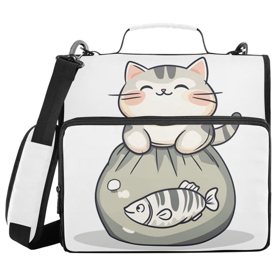 FORMRS Zipper Binder with Shoulder Strap 2-inch Ring 500 Sheet Capacity File Bag, Green Cute Cat