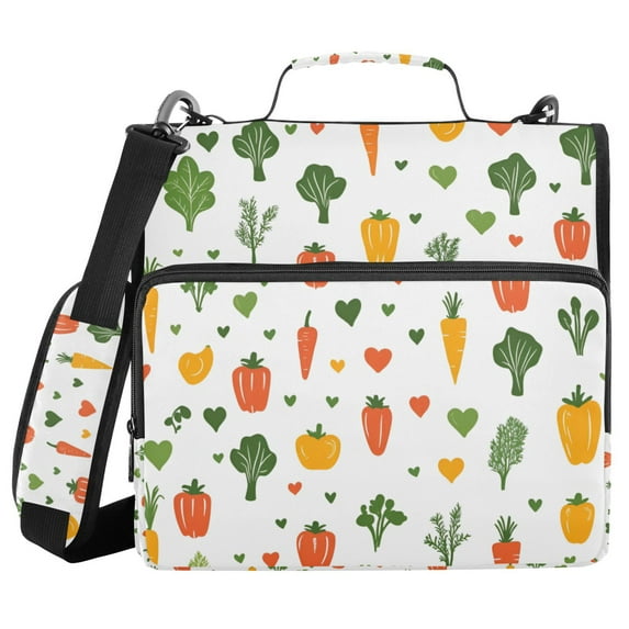 FORMRS Zipper Binder with Shoulder Strap 1.5-inch Ring 500 Sheet Capacity File Bag, Green Cute Vegetables