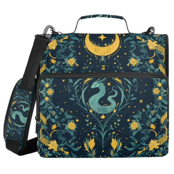 FORMRS Zipper Binder with Shoulder Strap 1.5-inch Ring 500 Sheet Capacity File Bag, Green Dragon Flowers