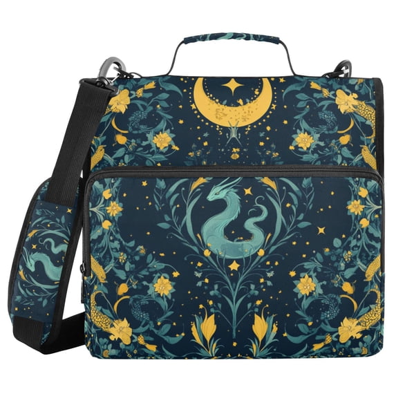 FORMRS Zipper Binder with Shoulder Strap 2-inch Ring 500 Sheet Capacity File Bag, Green Dragon Flowers