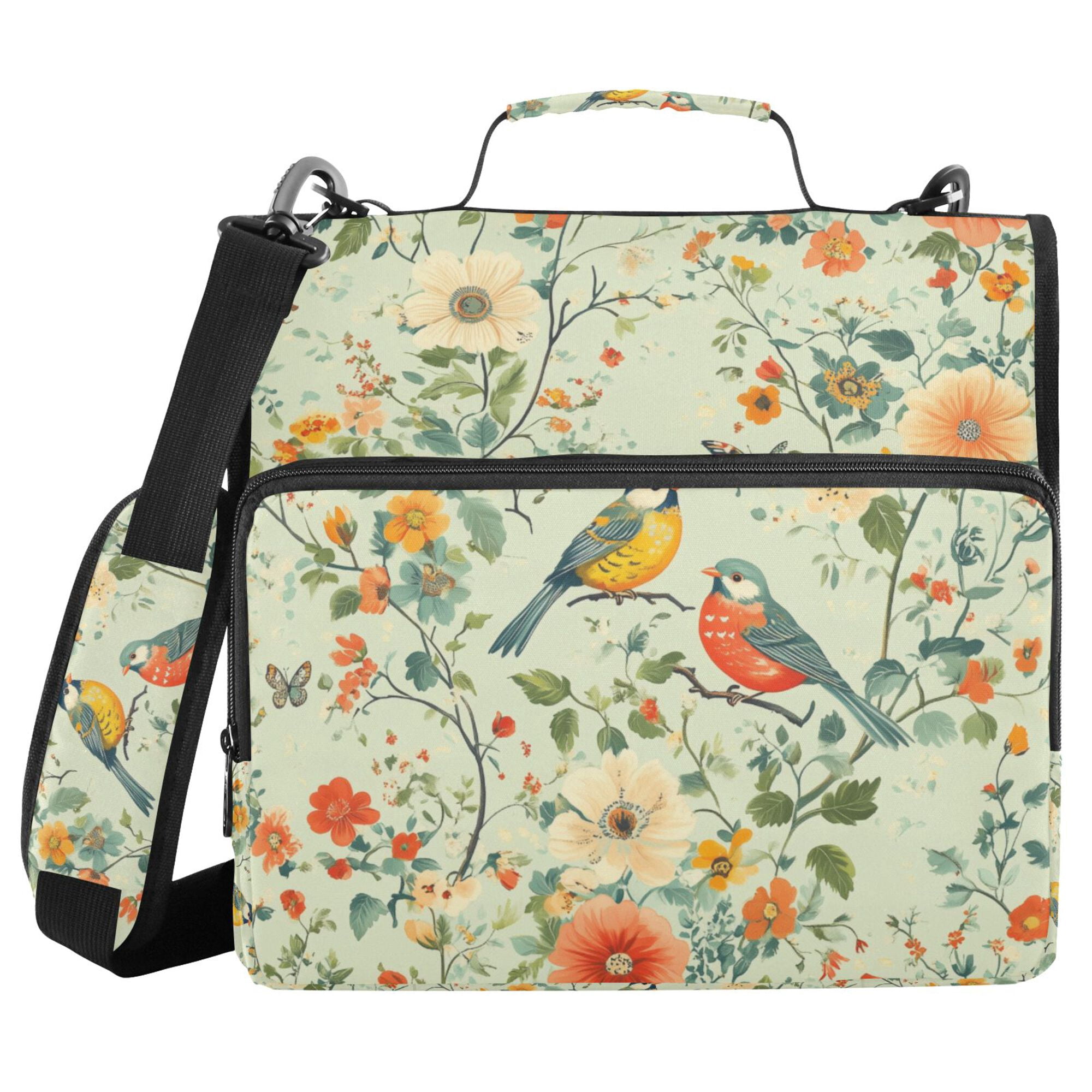 FORMRS Zipper Binder with Shoulder Strap 2-inch Ring 500 Sheet Capacity File Bag, Green Floral Pattern