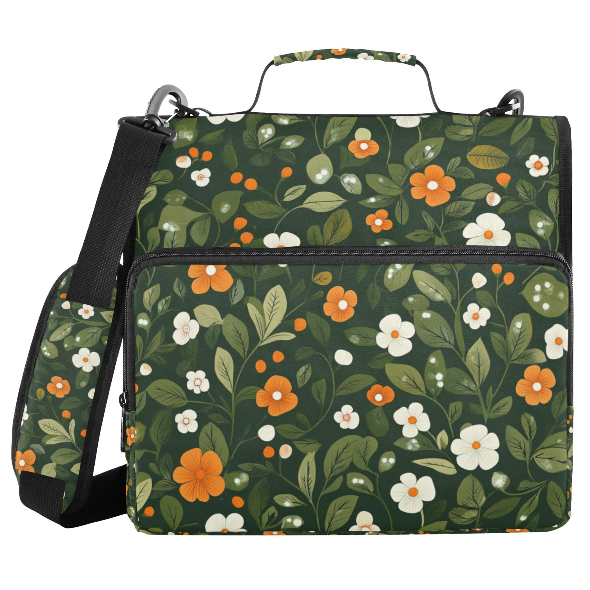 FORMRS Zipper Binder with Shoulder Strap 2-inch Ring 500 Sheet Capacity File Bag, Green Flowers Pattern