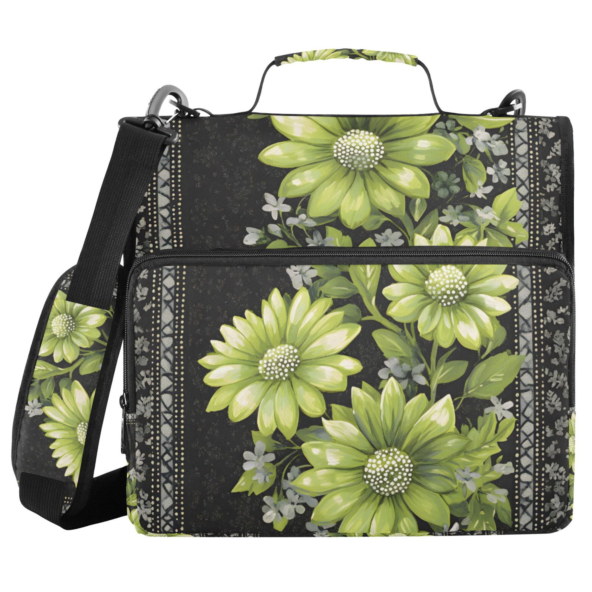 FORMRS Zipper Binder with Shoulder Strap 2-inch Ring 500 Sheet Capacity File Bag, Green Flowers