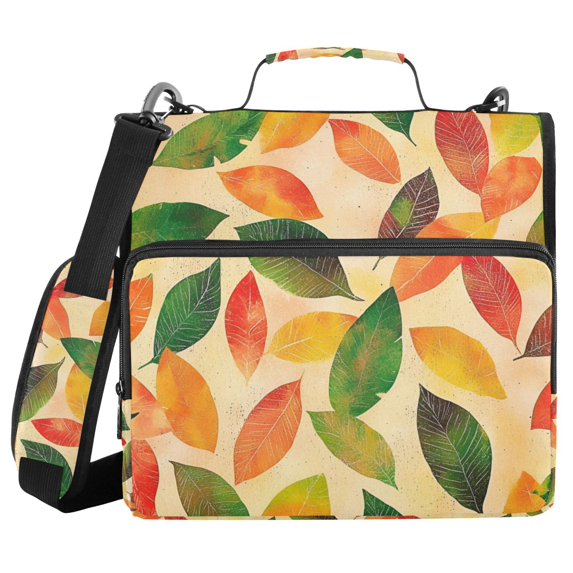 FORMRS Zipper Binder with Shoulder Strap 2-inch Ring 500 Sheet Capacity File Bag, Green Retro Autumn Leaves