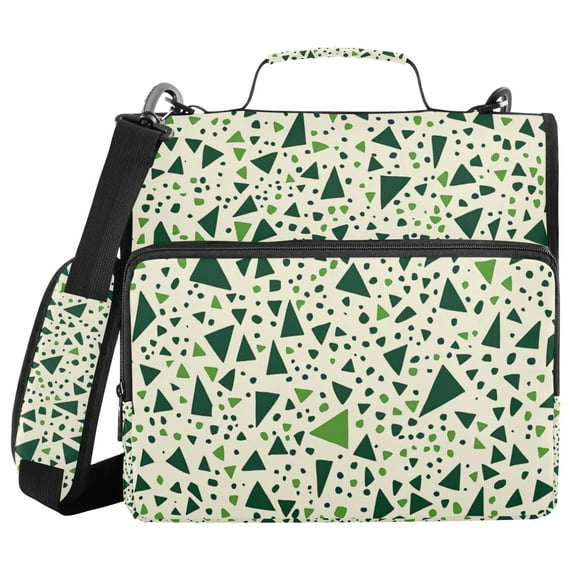 FORMRS Zipper Binder with Shoulder Strap 1.5-inch Ring 500 Sheet Capacity File Bag, Green Triangles Pattern