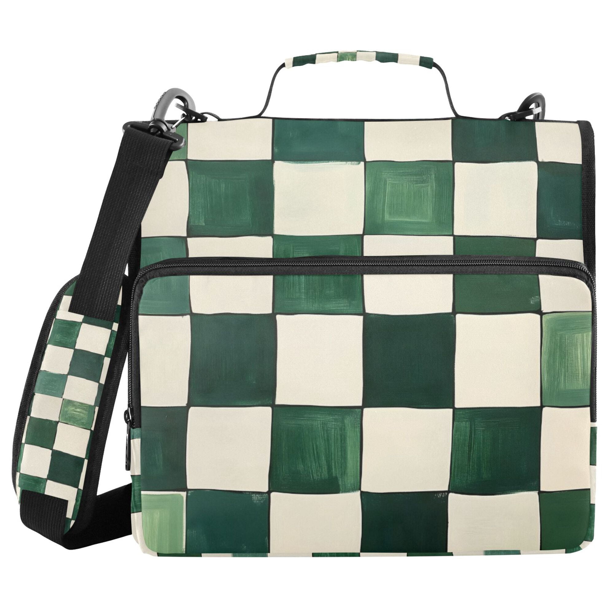 FORMRS Zipper Binder with Shoulder Strap 2-inch Ring 500 Sheet Capacity File Bag, Green and White Plaid Pattern