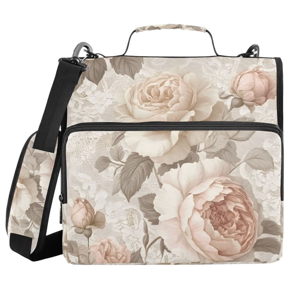 FORMRS Zipper Binder with Shoulder Strap 2-inch Ring 500 Sheet Capacity File Bag, Lace and Floral