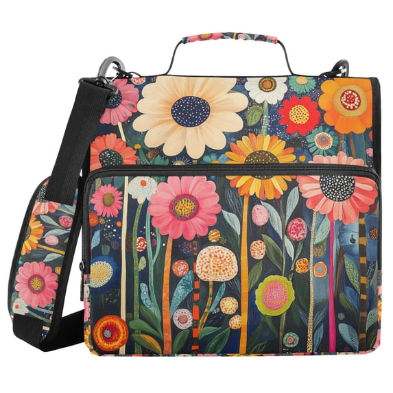 FORMRS Zipper Binder with Shoulder Strap 2-inch Ring 500 Sheet Capacity File Bag, Large Colorful Flowers