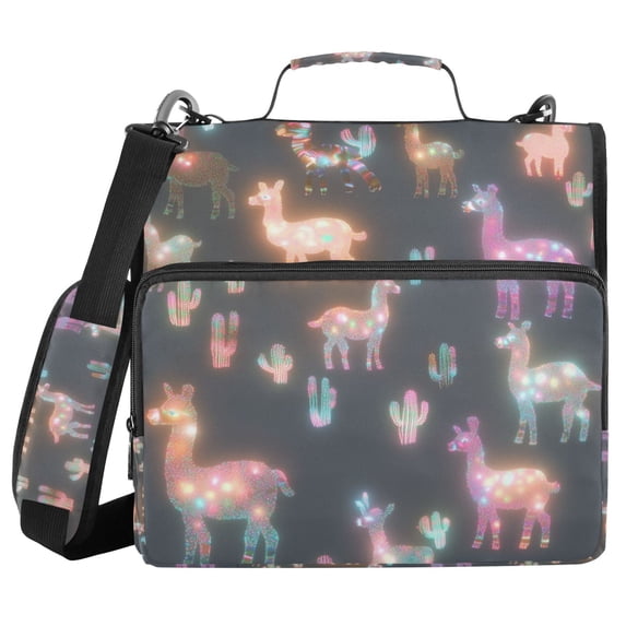 FORMRS Zipper Binder with Shoulder Strap 2-inch Ring 500 Sheet Capacity File Bag, Neon Llamas Pattern