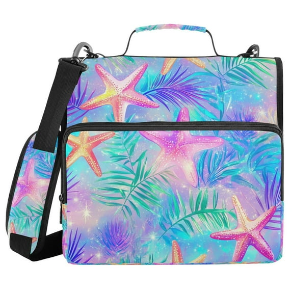 FORMRS Zipper Binder with Shoulder Strap 1.5-inch Ring 500 Sheet Capacity File Bag, Neon Starfish Pattern