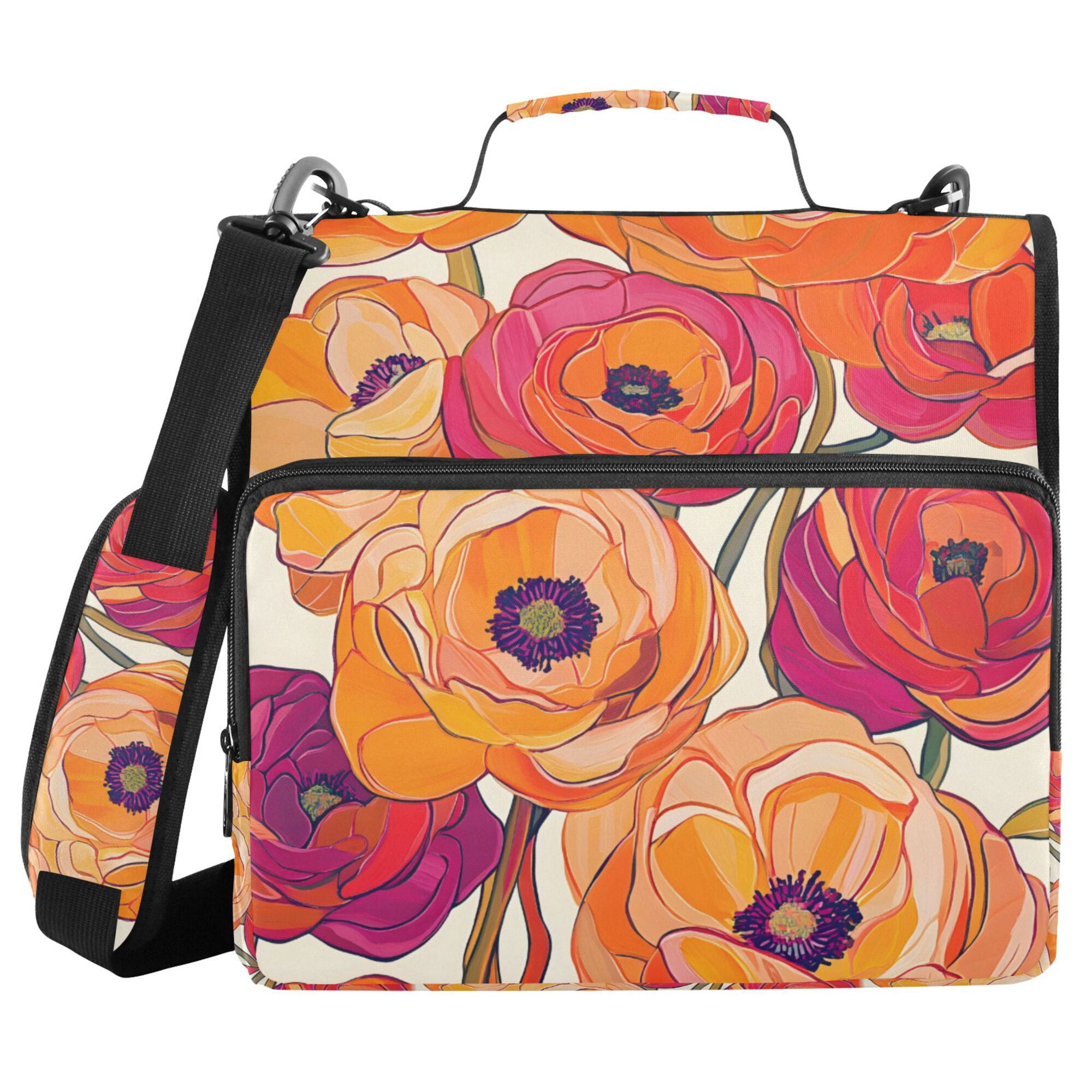 FORMRS Zipper Binder with Shoulder Strap 2-inch Ring 500 Sheet Capacity File Bag, Orange Hand Drawn Floral