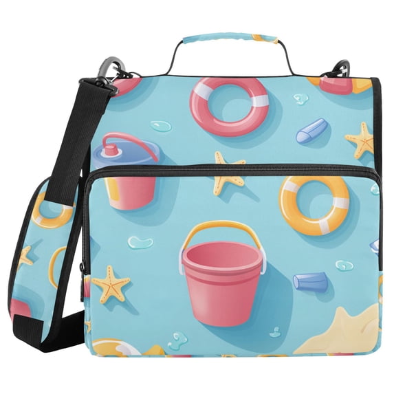 FORMRS Zipper Binder with Shoulder Strap 2-inch Ring 500 Sheet Capacity File Bag, Pink Beach Toys Pattern