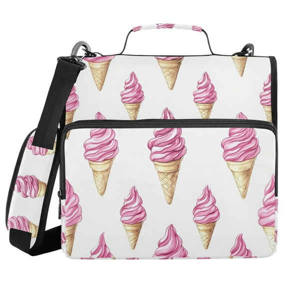 FORMRS Zipper Binder with Shoulder Strap 1.5-inch Ring 500 Sheet Capacity File Bag, Pink Cartoon Ice Cream