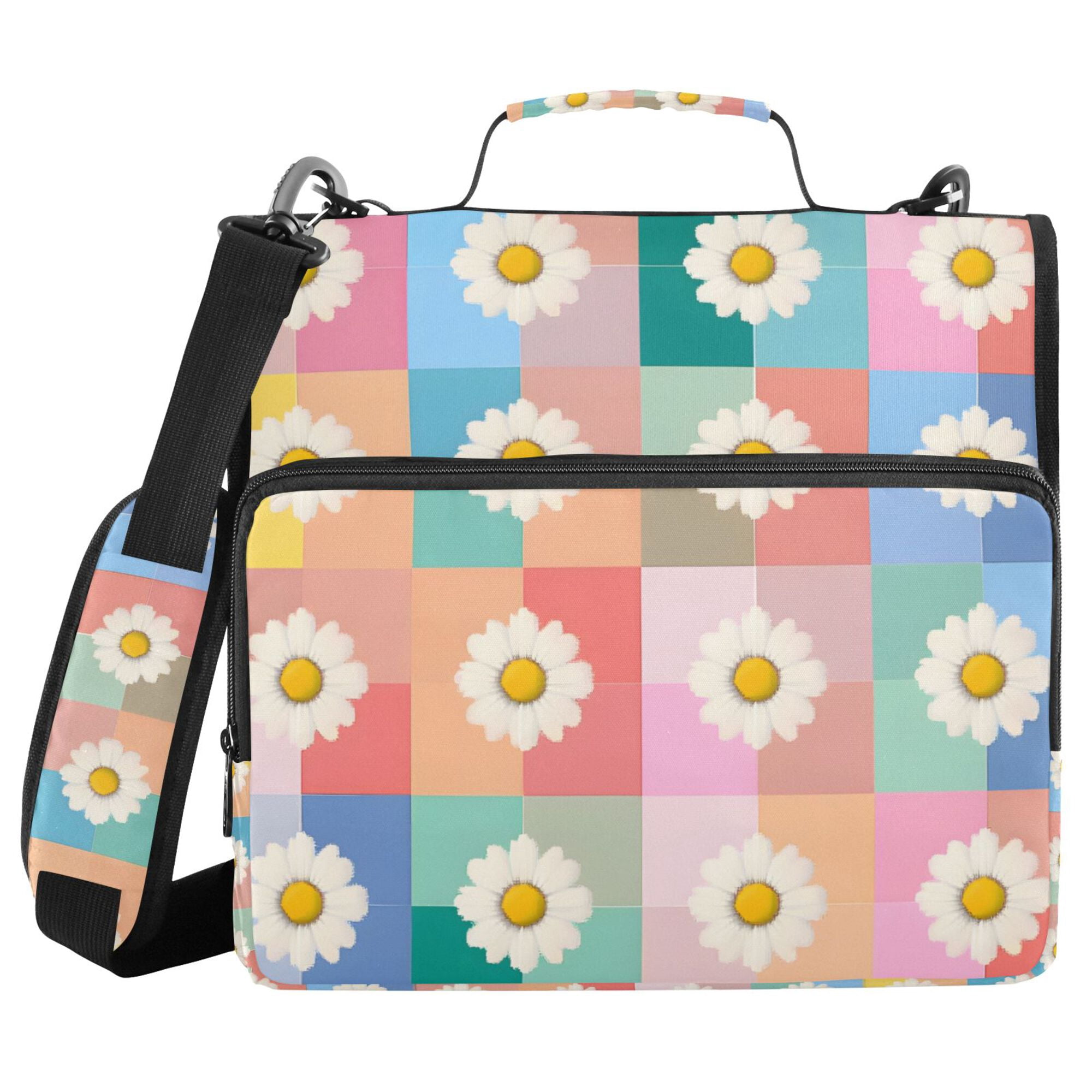 FORMRS Zipper Binder with Shoulder Strap 2-inch Ring 500 Sheet Capacity File Bag, Pink Checkered Daisy