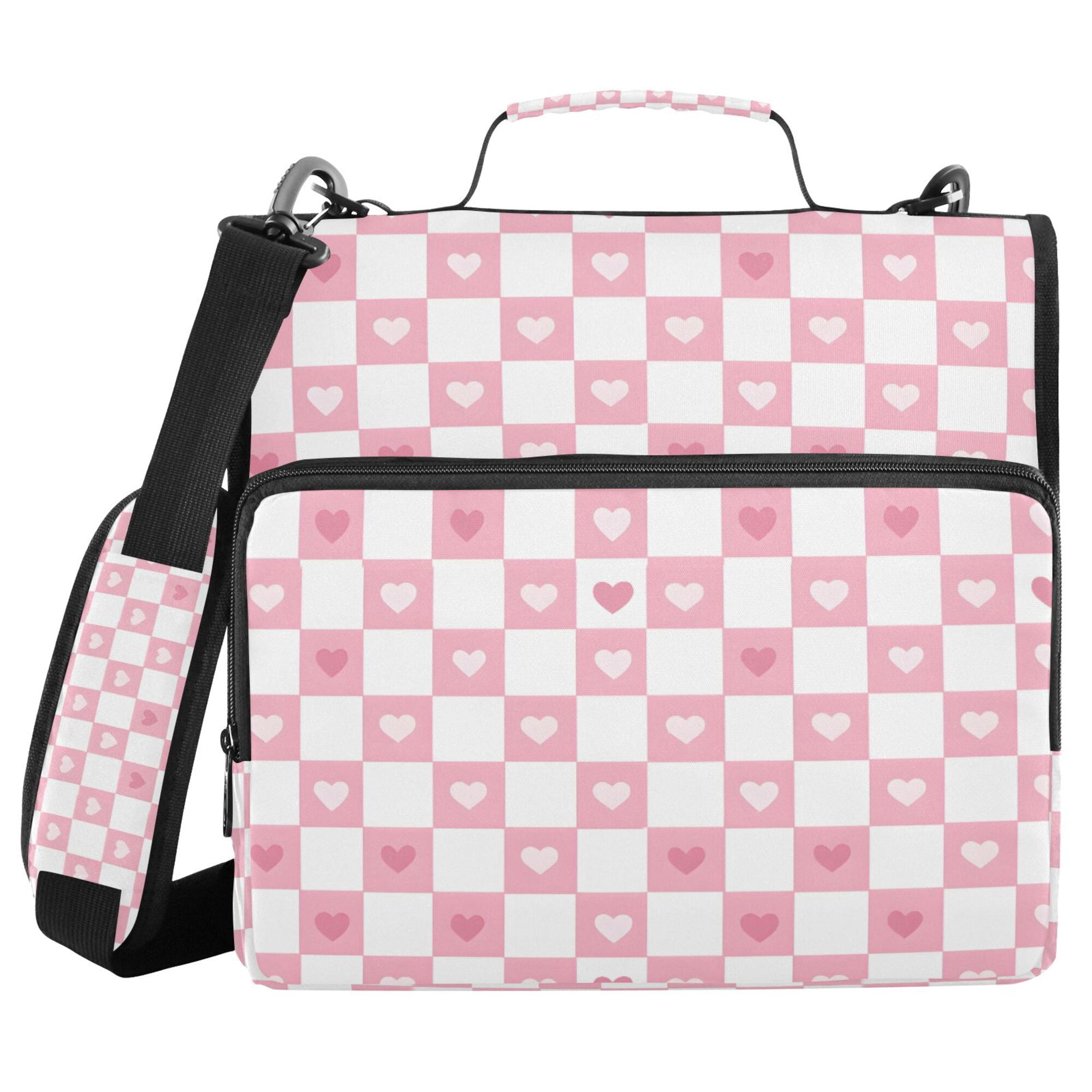 FORMRS Zipper Binder with Shoulder Strap 2-inch Ring 500 Sheet Capacity File Bag, Pink Checkered Heart