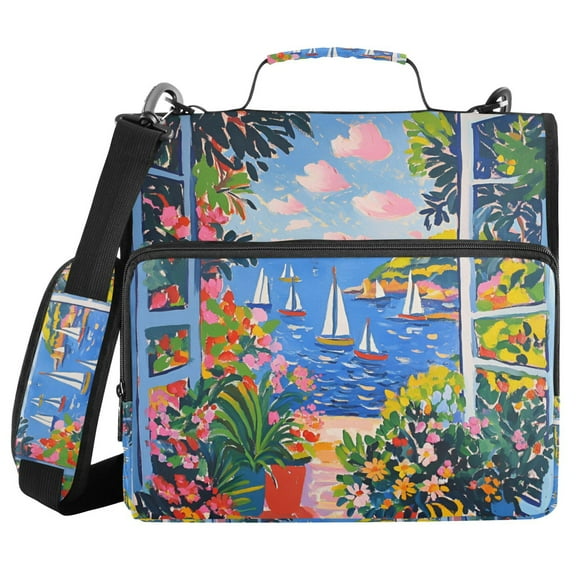 FORMRS Zipper Binder with Shoulder Strap 1.5-inch Ring 500 Sheet Capacity File Bag, Pink Floral Window