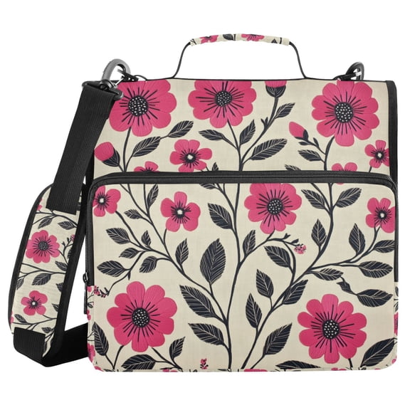 FORMRS Zipper Binder with Shoulder Strap 2-inch Ring 500 Sheet Capacity File Bag, Pink Flowers