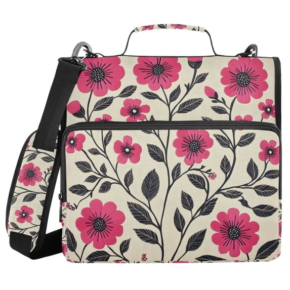 FORMRS Zipper Binder with Shoulder Strap 2-inch Ring 500 Sheet Capacity File Bag, Pink Flowers