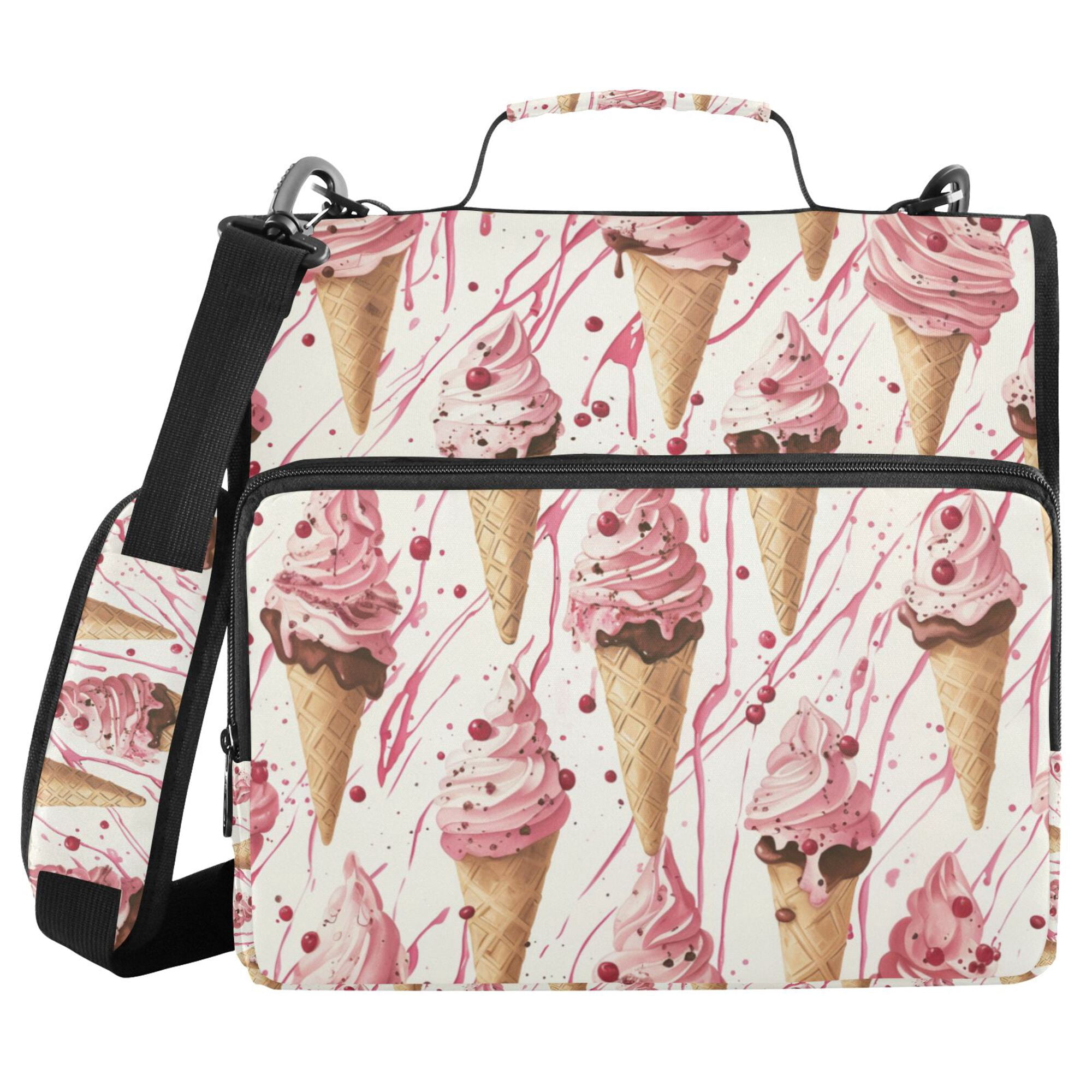 FORMRS Zipper Binder with Shoulder Strap 2-inch Ring 500 Sheet Capacity File Bag, Pink Ice Cream Pattern