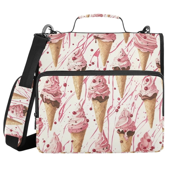 FORMRS Zipper Binder with Shoulder Strap 2-inch Ring 500 Sheet Capacity File Bag, Pink Ice Cream Pattern