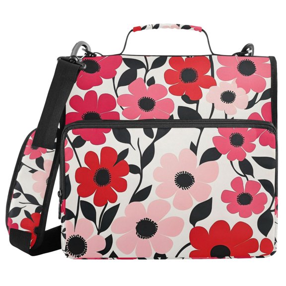 FORMRS Zipper Binder with Shoulder Strap 1.5-inch Ring 500 Sheet Capacity File Bag, Pink and Red Flowers