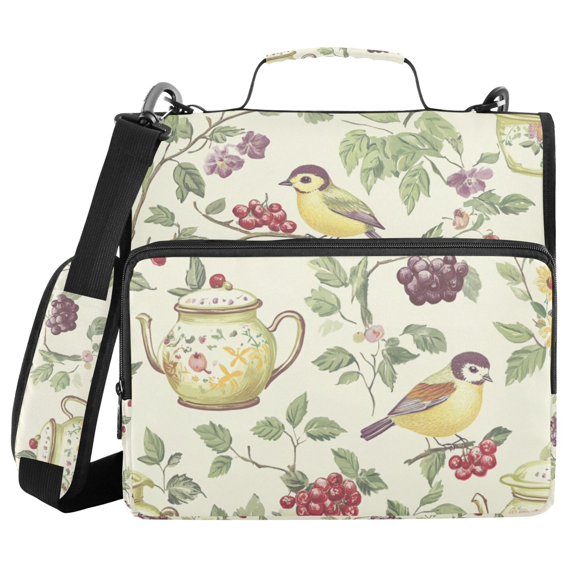 FORMRS Zipper Binder with Shoulder Strap 2-inch Ring 500 Sheet Capacity File Bag, Purple Birds Teapots