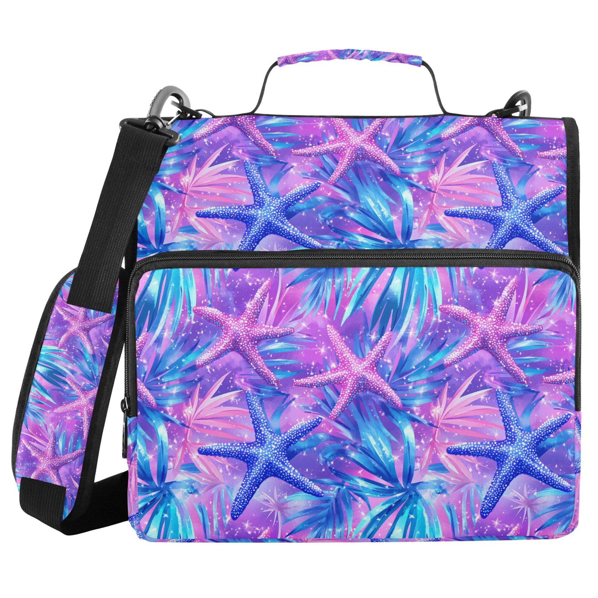 FORMRS Zipper Binder with Shoulder Strap 2-inch Ring 500 Sheet Capacity File Bag, Purple Starfish Pattern
