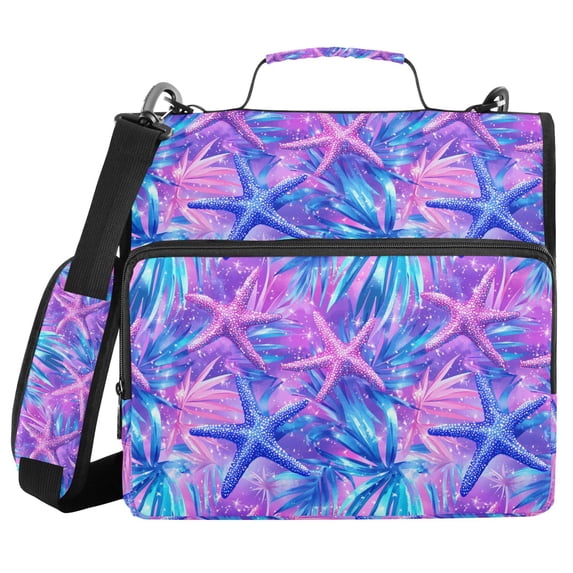 FORMRS Zipper Binder with Shoulder Strap 2-inch Ring 500 Sheet Capacity File Bag, Purple Starfish Pattern