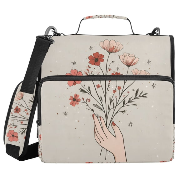 FORMRS Zipper Binder with Shoulder Strap 2-inch Ring 500 Sheet Capacity File Bag, Red Flower