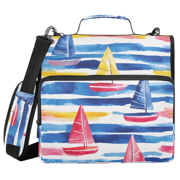 FORMRS Zipper Binder with Shoulder Strap 1.5-inch Ring 500 Sheet Capacity File Bag, Red Hand Drawn Sailboats