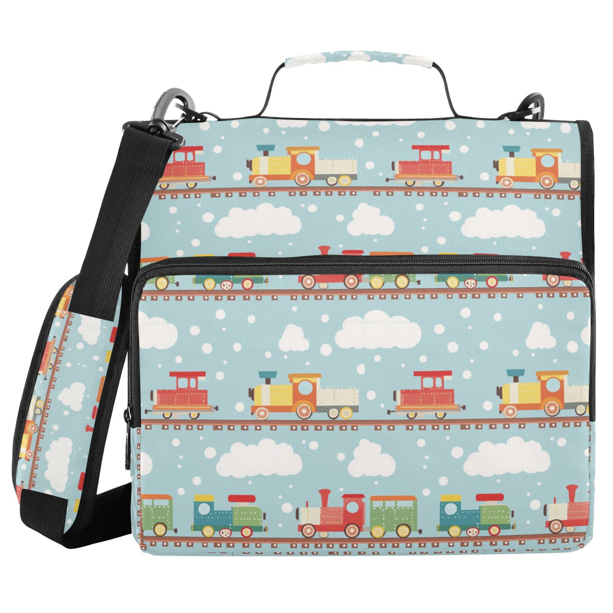 FORMRS Zipper Binder with Shoulder Strap 2-inch Ring 500 Sheet Capacity File Bag, Red Trains Pattern