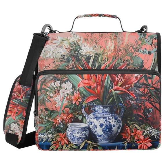 FORMRS Zipper Binder with Shoulder Strap 2-inch Ring 500 Sheet Capacity File Bag, Red Vibrant Flowers