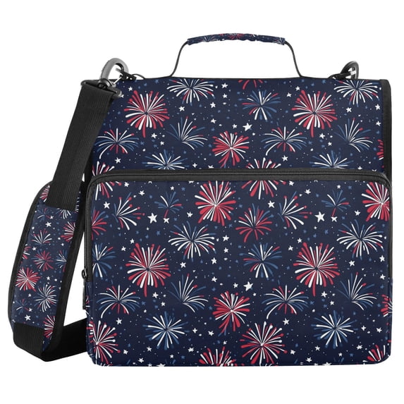 FORMRS Zipper Binder with Shoulder Strap 2-inch Ring 500 Sheet Capacity File Bag, Red and Blue Fireworks Pattern