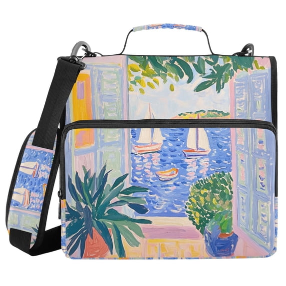 FORMRS Zipper Binder with Shoulder Strap 2-inch Ring 500 Sheet Capacity File Bag, Seaside Boat