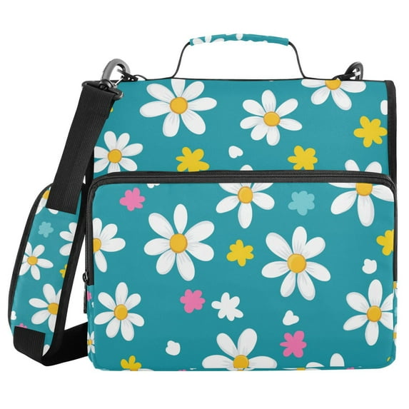 FORMRS Zipper Binder with Shoulder Strap 1.5-inch Ring 500 Sheet Capacity File Bag, Small Daisy