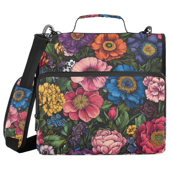 FORMRS Zipper Binder with Shoulder Strap 2-inch Ring 500 Sheet Capacity File Bag, Vibrant Blooming Flowers