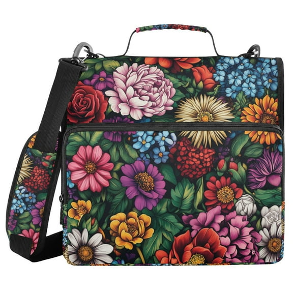 FORMRS Zipper Binder with Shoulder Strap 1.5-inch Ring 500 Sheet Capacity File Bag, Vibrant Flowers Pattern