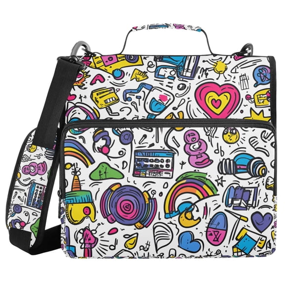 FORMRS Zipper Binder with Shoulder Strap 2-inch Ring 500 Sheet Capacity File Bag, White Doodle Pattern