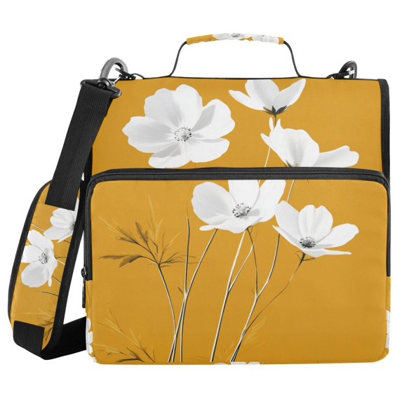 FORMRS Zipper Binder with Shoulder Strap 2-inch Ring 500 Sheet Capacity File Bag, White Flowers