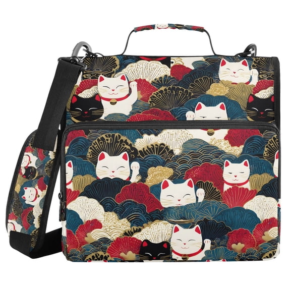 FORMRS Zipper Binder with Shoulder Strap 2-inch Ring 500 Sheet Capacity File Bag, White Lucky Cat