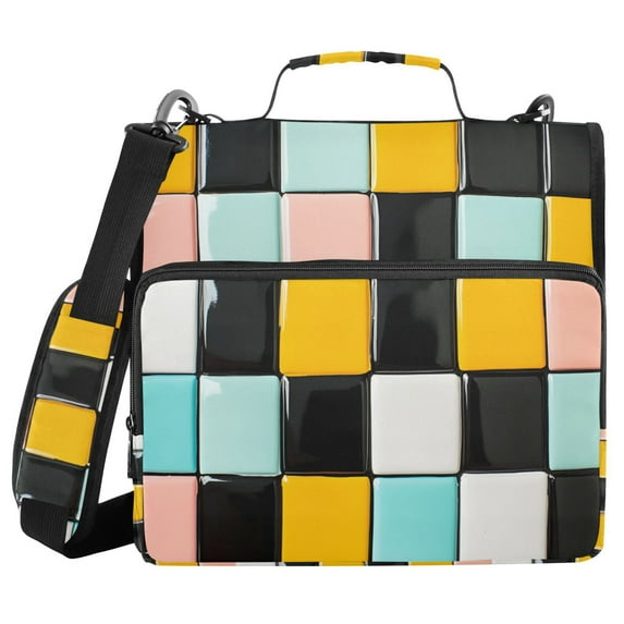 FORMRS Zipper Binder with Shoulder Strap 1.5-inch Ring 500 Sheet Capacity File Bag, Yellow Checkered Pattern