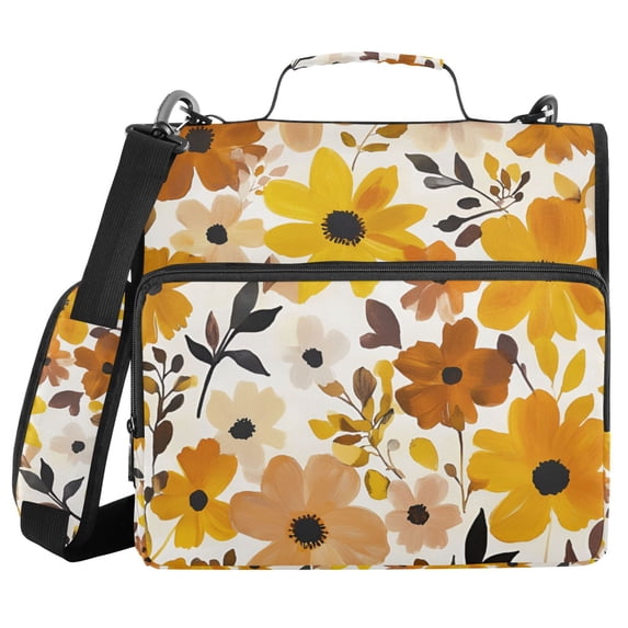 FORMRS Zipper Binder with Shoulder Strap 2-inch Ring 500 Sheet Capacity File Bag, Yellow Flowers