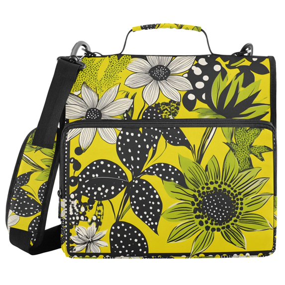 FORMRS Zipper Binder with Shoulder Strap 2-inch Ring 500 Sheet Capacity File Bag, Yellow Flowers