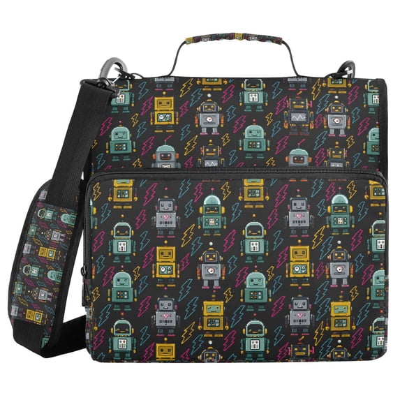 FORMRS Zipper Binder with Shoulder Strap 2-inch Ring 500 Sheet Capacity File Bag, Black Cartoon Robot Pattern